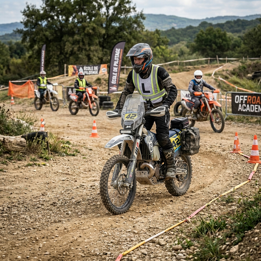 Motorcyclist riding bike 42 through cones on an off-road training course