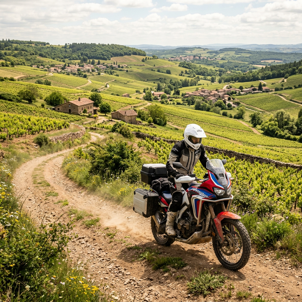 Motorcyclist riding an adventure bike along a dirt trail through vineyards